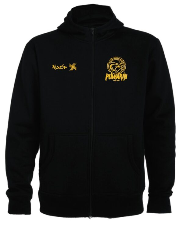Sudadera negra con capucha y cremallera 100% Algodón: Xixón y  logo pequeño frontal y Logo Pumarín en trasera